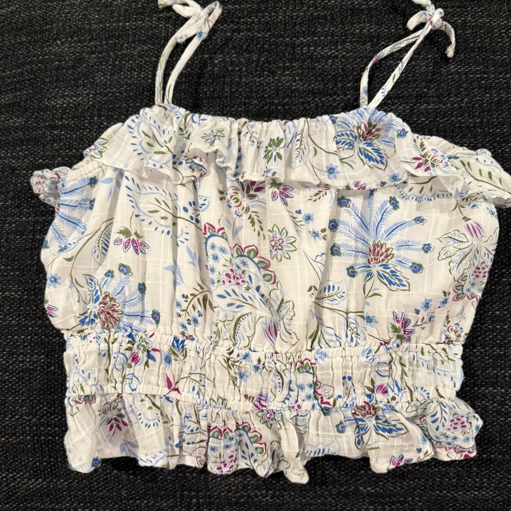 Aqua Floral Ruffle Top in White and Blue